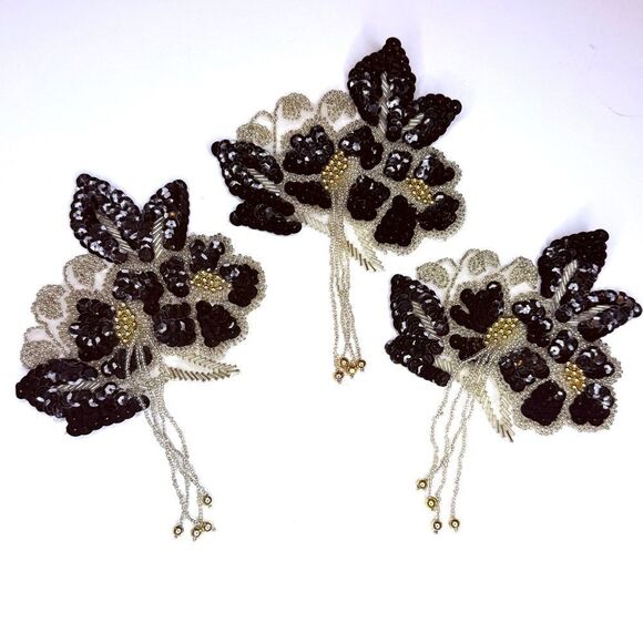 Black & Silver Beaded Sequin Floral Appliqué Patch with Dangles – 6.5” - Picture 9 of 10